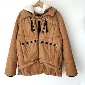 7 For All Mankind Puffer Sherpa-Lined Hooded Jacket Camel Brown Sz M Zip Pockets